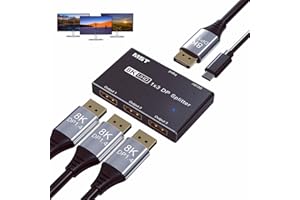 CAMGEET Displayport DP 1.4 splitter switch 8K@30Hz 4K@144Hz, 1 In 3 Out displayport Switch, Compatible with Various Interfaces of Video Sources and Displays