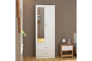 Panana Wooden 2 Door Mirrored Wardrobe with 2 Drawers and Hanging Rail Modern Clothes Storage Cupboards Unit for Bedroom Furniture W 77 x D 50 x H 180 cm (White)