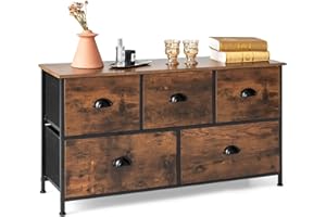 COSTWAY Komoda z 5 szufladami, 2-poziomowa rustykalna szafka do przechowywania ze składanymi szufladami z materiału i żelazną ramą i drewnianymi blatami, szafka pomocnicza do salonu, korytarza