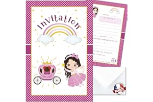 Lola et Louis (L&L) 10 cartes invitation anniversaire fille • 10 enveloppes • Thèmes Princesse, Fée, Rose, Arc en ciel, Nuages • Cartons pour inviter filles et garçons