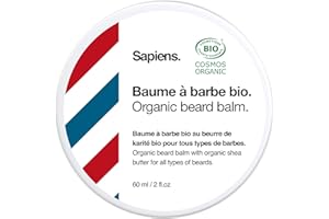 Sapiens Barbershop Baume Barbe Homme BIO 60ml - Soin Barbe Homme Fabriqué en France Certifié ECOCERT - Cire Barbe et Moustache au Beurre de Karité et Huile de Ricin BIO