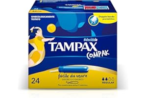 Tampax Compak Regular, 24 assorbenti interni in un pratico formato tascabile con applicatore in plastica e sistema di protezione anti perdita. Ideale per flussi da leggeri a medi