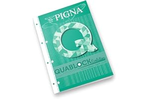 Pigna Blocco Collato QUABLOCK EVOLUTION f.to A4, Carta 80 gr., 4 Fori con banda rinforzata,interno 4M, quadretti 4 mm., Ideali per Scuola e Ufficio, Ricarica per Quaderni ad Anelli, 40 Fogli, 5 pezzi