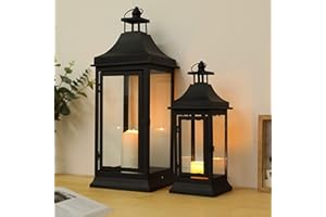 JHY Design Set di 2 lanterne per candele da esterni altezza 33cm e 49,5 cm a candela decorative lanterne stile vintage a torre in metallo per giardino soggiorno interni feste matrimoni balcone nero