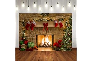 Aisnyho Christmas Backdrop Xmas Fireplace Backdrops Red Sock Gifts for Photo Shooting Decoration Picture Banner Booth Props 7x5ft