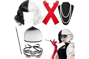 Henkodo Cruella kostium damski, kostium na Halloween, akcesoria w stylu lat 70., akcesoria do cosplay, krótka czarna koronkowa maska, rękawiczki, biżuteria perłowa na karnawał, Halloween, imprezę