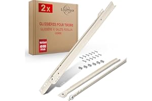 LouMaxx coulisse tiroir 450 mm – Lot de 2 rail tiroir coulissant en acier blanc avec vis de montage, glissiere pour tiroir à sortie partielle, charge 20 kg – montage facile et fluide