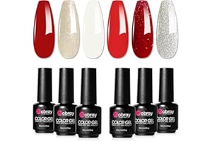 Mobray Smalto Semipermanente Unghie Set, 6 Colori Smalti Semipermanenti per Unghie, Rosso Bianco Argento Glitter Smalto Gel Unghie Soak Off U V/LED Gel Polish Nail Art Kit 8ml