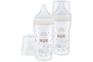 Set de 2 biberones Perfect Match de NUK | +3 meses | Se adapta al bebé como el pecho de mama | Control de temperatura | Ventilación anticólico | 260 ml | Sin BPA | Tetina mediana | Arcoíris