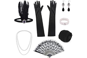 ELECLAND 10 Pièces Années 1920 Flapper Great Gatsby Accessoires Set Mode Roaring 20's Theme Set avec Bandeau Bandeau Long Gants Noirs Collier Boucles d'Oreilles pour Femme