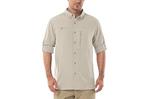 OUTDOOR VENTURES Męska koszula z długim rękawem, męska koszula z długim rękawem, szybkoschnąca, lekka koszula funkcyjna, oddychająca, ochrona przed promieniowaniem UV 50+, z kieszeniami, koszula robocza do wędkowania,