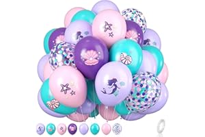 BIAPIAN Mermaid Party Balloons, Mermaid Purple Pink Teal Balloon with conch shell starfish Print Balloons Mermaid Confetti Balloon for Under the Sea Theme Birthday Kids Girls Princess Party Supplies
