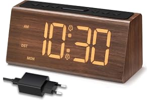 Vorrinc väckarklocka trä – digital väckarklocka med dubbelt larm, snooze, 4 ljusstyrkenivåer och volymnivåer, USB-laddningspo