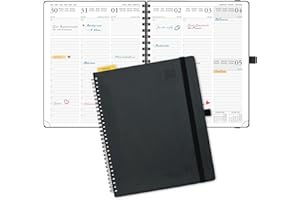 POPRUN Agenda 2025 Semainier 26,5 x 21,5 cm D'août 2024 à déc 2025, Planner Vertical Scolaire 17 Mois avec Couverture Souple Spirale, Règle et signet, Papier Certifié 80 g/m² - Noir