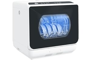 HOMCOM Mini lave-vaisselle 4 couverts, lave-vaisselle de table 5 programmes, double alimentation en eau, lavage des fruits, réservoir d'eau 6L, commande tactile, départ différé, affichage LED, noir