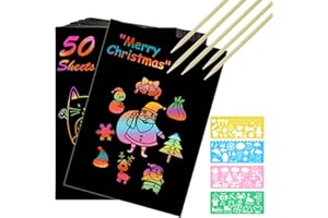 Vicloon Scratch Art, 50Pcs Scratch Art Paper per Bambini, Blocco da Disegno Arcobaleno Paper Set, Arcobaleno da Grattare Regali per Bambini con 5 Stilo in Legno e 4 Righelli Modello