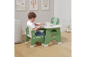Benarita Set tavolo e sedia per bambini con lavagna cancellabile matite acquerellabili Tavolo multifunzionale per attività e studio in plastica per bambini Ideale per dipingere e disegnare (Verde)