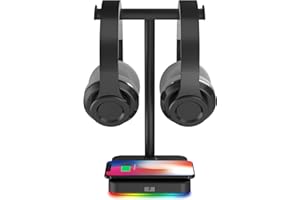 KAFRI RGB Dual Headphone Stand with Wireless Charger Desk Gaming Double Headset Holder Hanger Rack with 10W/7.5W QI Charging Pad - Suitable for Gamer Desktop Table Game Earphone