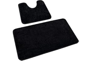 Rururug Badezimmerteppich Set 2 Teilig, Weiche Mikrofaser Badezimmermatte und wc Vorleger mit Ausschnitt, rutschfeste Badematte Schwarz Badteppich, Waschbar Badvorleger Set, 50x80+50x40 cm