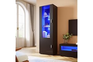 ELEGANT 187cm Tall Display Cabinet Sideboard Cupboard Unit Furniture, Carcass in Clear Acrylic/Front in Black High Gloss, Multicolour LED Lights with Remote, 187x60x40cm-1 (HxWxD)