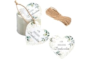 HOPTON 100 Stück EIN HERZLICHES DANKESCHÖN Geschenkanhänger, 5cm Herz Danke Anhänger, Dankeschön Geschenke Anhänger mit 20m Schnur,Eukalyptus Etiketten Anhänger für Babypartys,Hochzeiten,Kommunion