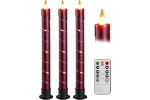 Da by Lot de 3 bougies coniques sans flamme vacillante à piles avec télécommande et LED temporelle, flamme dynamique 3D, 24 cm, pour mariage, fête, décoration d'intérieur - Rouge