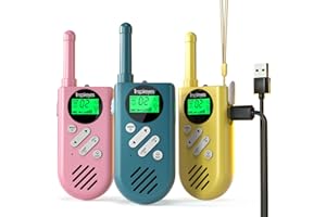 Inspireyes Walkie Talkie Niños Recargable, 48 Horas de Tiempo de Trabajo, 3 kilómetros de Largo Alcance, Regalos de Cumpleaños, Juguetes al Aire Libre para niños de 3 a 12 años, Paquete de 3