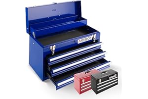 Arebos Boîte à outils avec 3 tiroirs et 2 compartiments de rangement | Poignée de transport et fermetures à pression | Coffret à Outils | Tapis antidérapants | Bleu