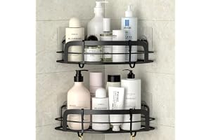 STEUGO Black Corner Shower Caddy Adhesive Shower Shelf US304 Stainless Steel Shower Wall Caddy Drill Free Corner Shelves with 4 Hooks Bathroom Corner Storage Organizer, 2 Pack