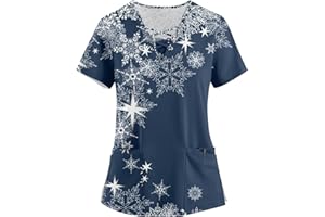 GRACEYO Damen Weihnachten Motiv Bunt Pflege Kasack Kurzarm V-Neck Krankenhaus Schlupfhemd Berufsbekleidung Atmungsaktiv Krankenpfleger Kasack Pflege Bluse Arzt Uniform Krankenschwester Kleidung Mit Taschen