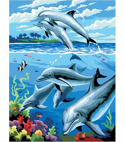 BRVSK Marine-Nadelspitzen-Set Für Erwachsene & Anfänger – Delfin-Motiv 40,6 X 40,6 Cm Auf Baumwollleinwand, Inkl. Nadeln & Garn