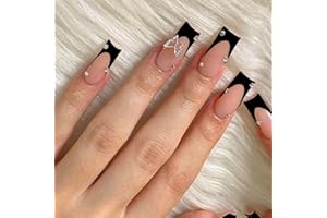 Kotkiddy® 24Pcs Long Press on Nails Black French Tips Fake Nails Butterfly Rhinestone Full Cover Stick on Nails Coffin False Nails With Glossy