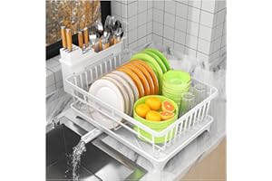 SavvyStor Abtropfgestell Geschirr, platzsparendes Geschirrabtropfgestell für die Küchenarbeitsplatte mit Utensilienhalter, Küchenabtropfgestell mit Abtropffläche, Weiß