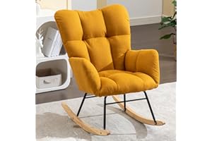DEKKETO Linen Fabric Rocking Nursing chairs for Adults, Wooden Rocking Chair for Nursery, Comfy Reading Armchairs for Living Room Bedroom, Yellow