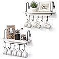 Olakee Floating Wall Shelves for Kitchen Bathroom Coffee Nook with 10 Adjustable Hooks for Mugs Cooking Utensils or Towel Rustic Storage Shelves Set of 2/17x5.9 inch (White)