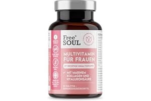 Multivitamin für Frauen mit Meereskollagen & Hyaluronsäure – 27 essentielle Vitamine, Mineralien & Pflanzenextrakte – Glutenfrei & Ohne synthetische Füllstoffe – 60 Tabletten – Free Soul