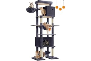 Feandrea Arbre à Chat 201 cm, Forme de Tour, Taille XXL, Multi-Niveaux, 1 Plateforme, 1 Panier, 2 Niches, 2 Hamacs, Dispositif Anti-Basculement, Gris Foncé PCT195G02