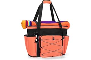 Fasrom Bolsa de playa grande de malla con fondo de cremallera, bolsa de playa mujer de gran tamaño con separación para seco y mojado para viajes a la piscina o a la playa Naranja