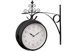 AAMEN Black Outdoor Dual Sided Station Clock, Wall-Mounted Retro Central Station Clock, Garden Clocks Outdoor Waterproof, Round Wall Hanging Double Sided Faces-21x21x21cm
