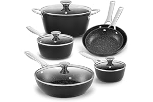 BEZIA Nonstick Pots and Pans Set, Induction Hob Pans Set, 10pcs Kitchen Cookware Cooking Set with Frying Pans, Suitable for All Stoves, Black
