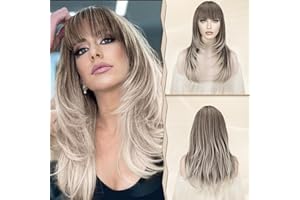 Sofeiyan Parrucche Biondo Lunga Layered Con Frange Lisci per Donna,Radici Scure Capelli Ondulati Parrucche sintetico Resistenti al Calore Naturale dritta Parrucche con frangia per Halloween/Party-60cm