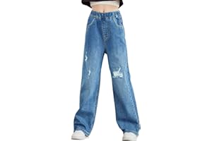 Happy Cherry - Girls Jeans Kid Denim Pants Loose Wide-leg Ripped Pant Child Baggy Trousers Outfits Elasticated High-waisted Straight Jeans Light Blue Fashion Casual Cute with Pockets Age 5-15 Years