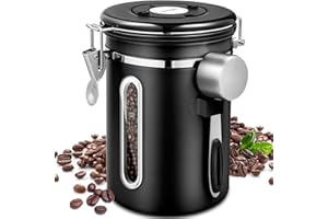 Purpledi Bote para Café, Bote de café de acero inoxidable, 1.8L Tarro de café hermético, Bote café hermetico con Cuchara, para Cafe Grano o Cafe molido etc-Negro