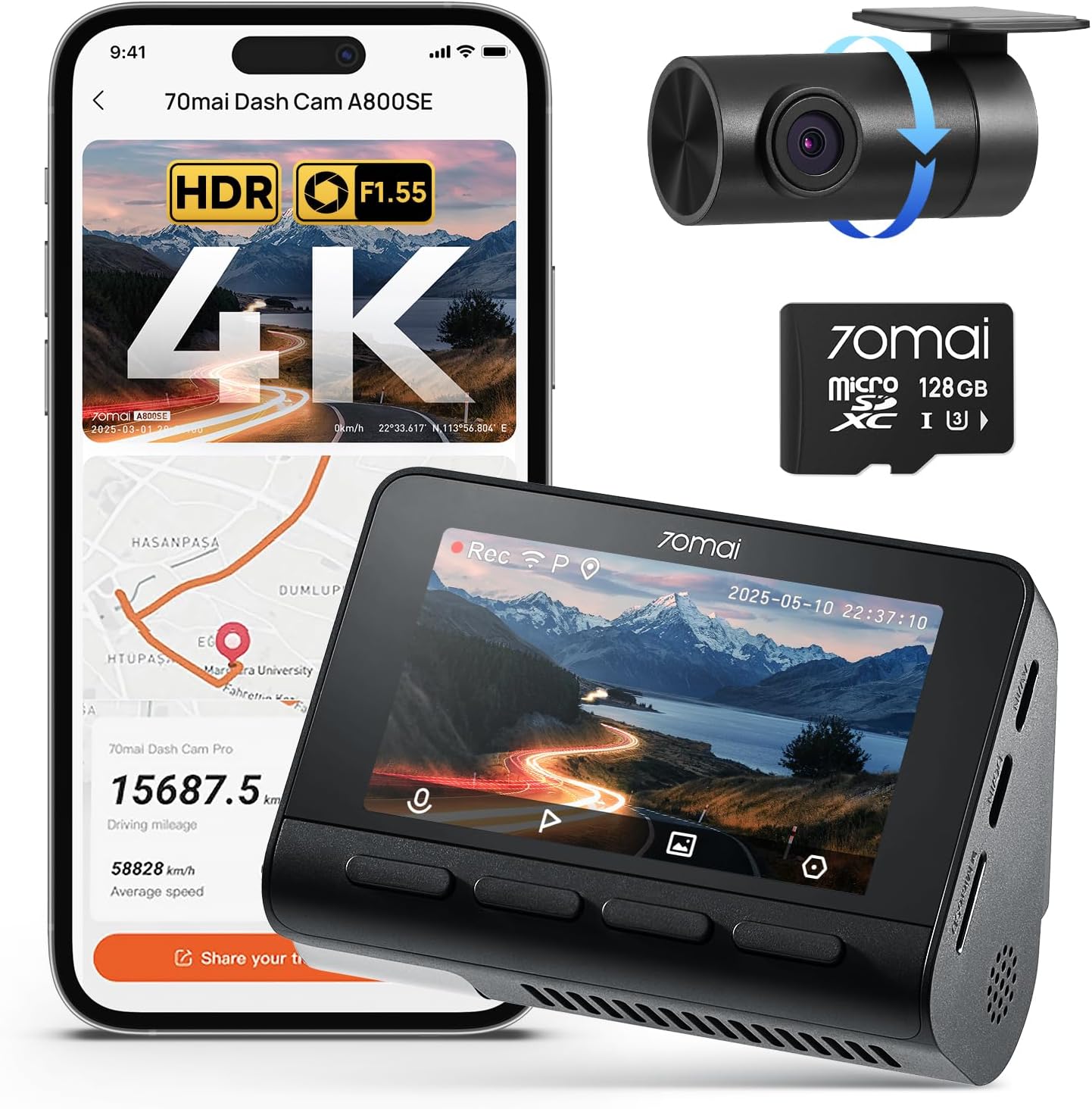 70mai A800SE Dash Cam Car Front Rear 4K UHD+1080P with GPS WiFi, Dual Car Camera with 128GB SD Card, F1.55 Aperture HDR, Night Vision, ADAS, 3 "IPS, 24/7 Parking Monitoring, Supports 512 GB Max