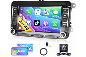 MOTORSI [2G+64G] Autorradio Apple CarPlay para VW/Seat/Skoda/Passat/Golf/Polo,con CarPlay inalámbrico y Android Auto,pantalla táctil HD de 7",Bluetooth 2 DIN Radio,GPS/SWC/FM/RDS/USB+cámara de reversa AHD,Mic