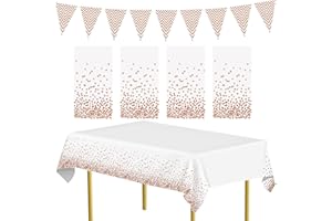 VICTERR 4 Pezzi Tovaglia per Feste Tovaglia Rettangolare e 1 Bandiera a Triangolo Forniture per feste Tovaglia a pois in oro rosa Tovaglie per feste riutilizzabile al coperto o all'aperto