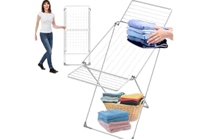 Extendable Clothes Drying Stand – Anti-Slip Feet Sturdy & Stable Clothes Drying Rack, Space-Saving Drying Rack with 18M Drying Area, White Iron Frame, No Assembly Needed, Indoor/Outdoor Use