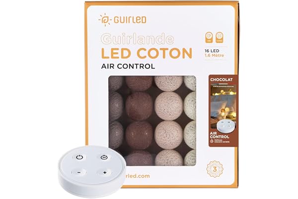 GuirLED - Guirlande lumineuse boules coton LED USB - Télécommande sans fil - Veilleuse bébé 2h - Adaptateur secteur double USB 2A inclus - 4 intensités - 16 boules 1.6m - Chocolat