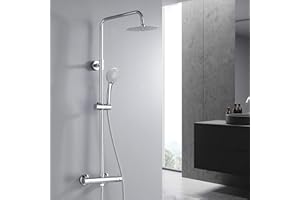 NewEast Thermostat Shower System, Chrome Thermostatic Shower Mixer Set with Overhead Rain Shower and Handheld Shower, Shower Set