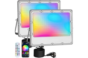MEEKBOS 2 Pièces Projecteur LED RGB 100W, Projecteur LED Couleur Extérieur Avec APP Bluetooth et 2.4G Télécommande,IP66 Étanche,Pour Jardin,Pâques,Halloween,Luminaires Extérieur,10000LM